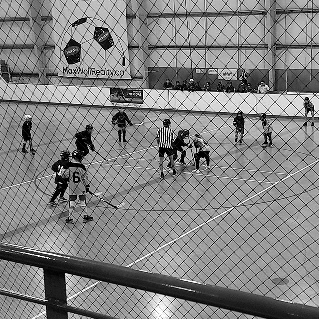 Faceoff during ball hockey game